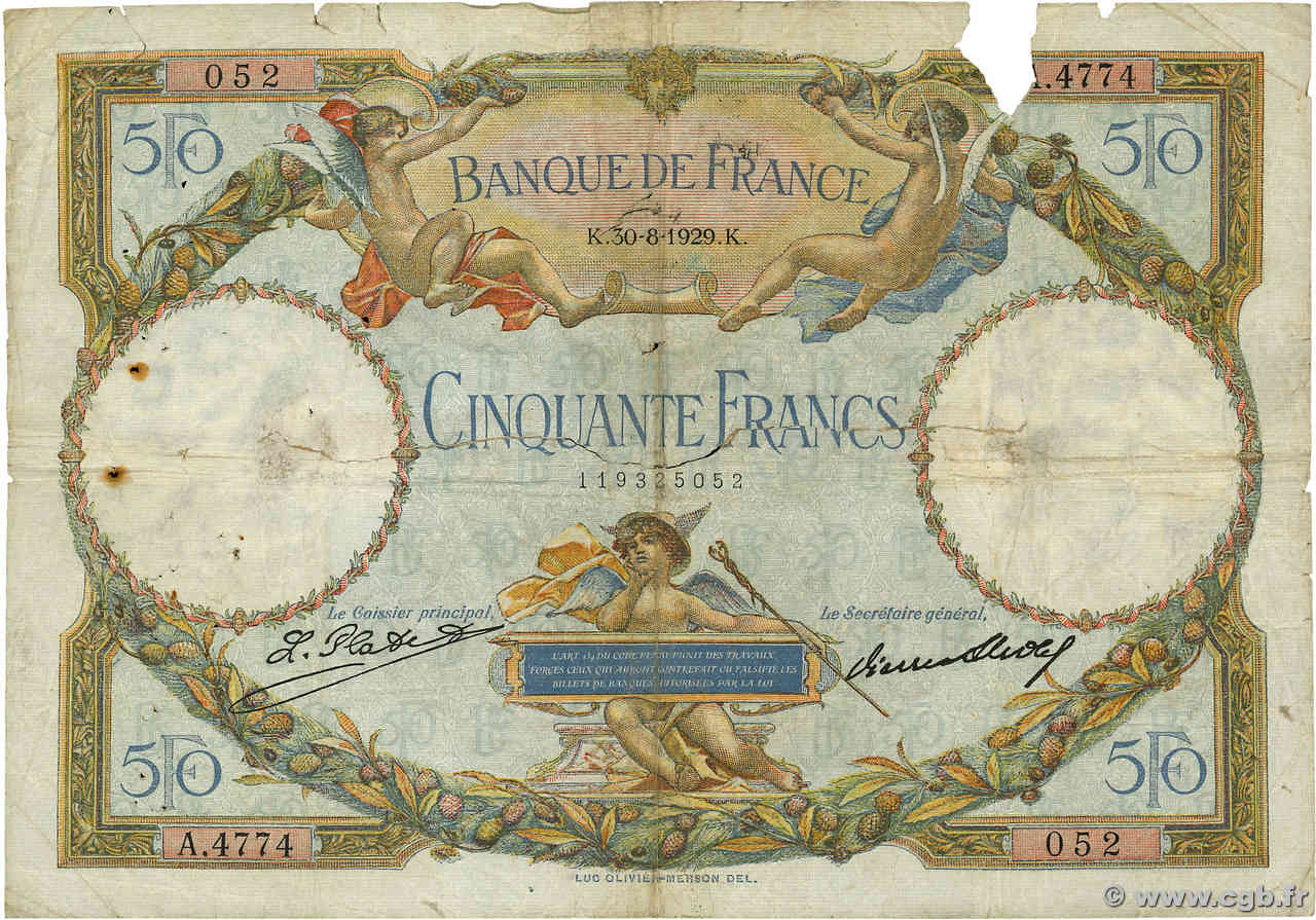 50 Francs LUC OLIVIER MERSON FRANCE  1929 F.15.03 B