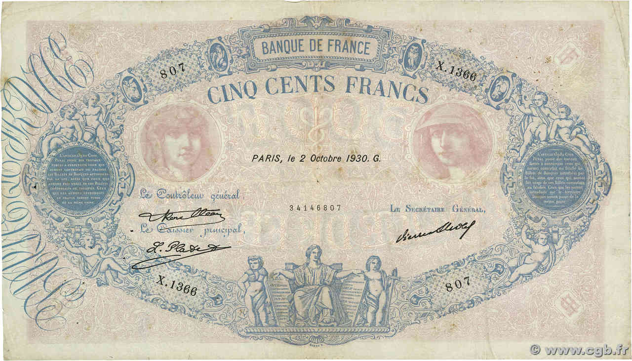 500 Francs BLEU ET ROSE FRANCIA  1930 F.30.33 MB