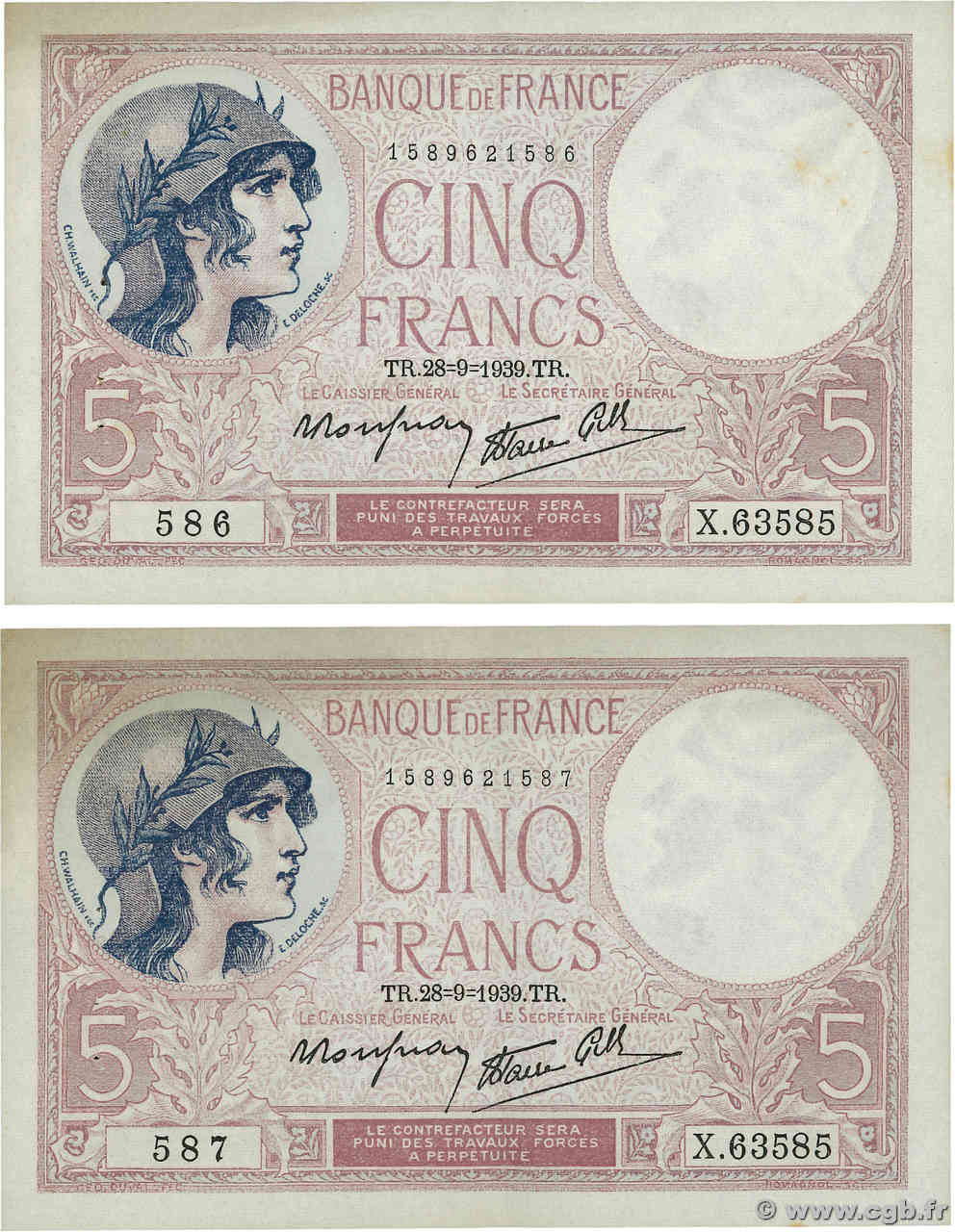 5 Francs FEMME CASQUÉE modifié Consécutifs FRANCE  1939 F.04.10 XF