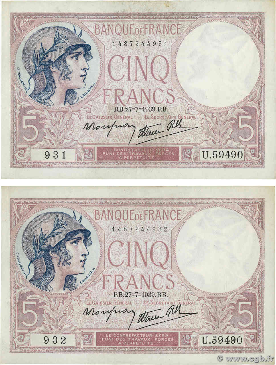 5 Francs FEMME CASQUÉE modifié Consécutifs FRANCE  1939 F.04.03 pr.SUP