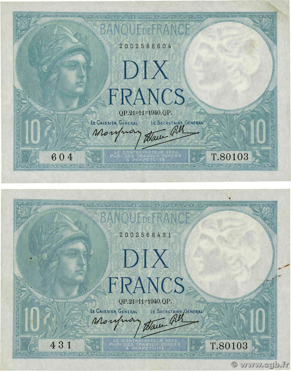 10 Francs MINERVE modifié Lot FRANCE  1940 F.07.21 TTB