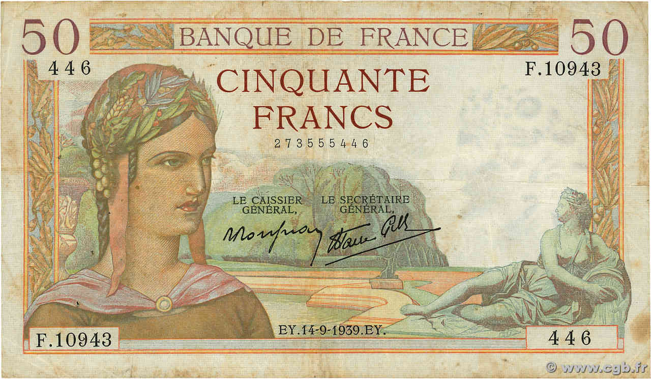 50 Francs CÉRÈS modifié FRANCE  1939 F.18.30 B+