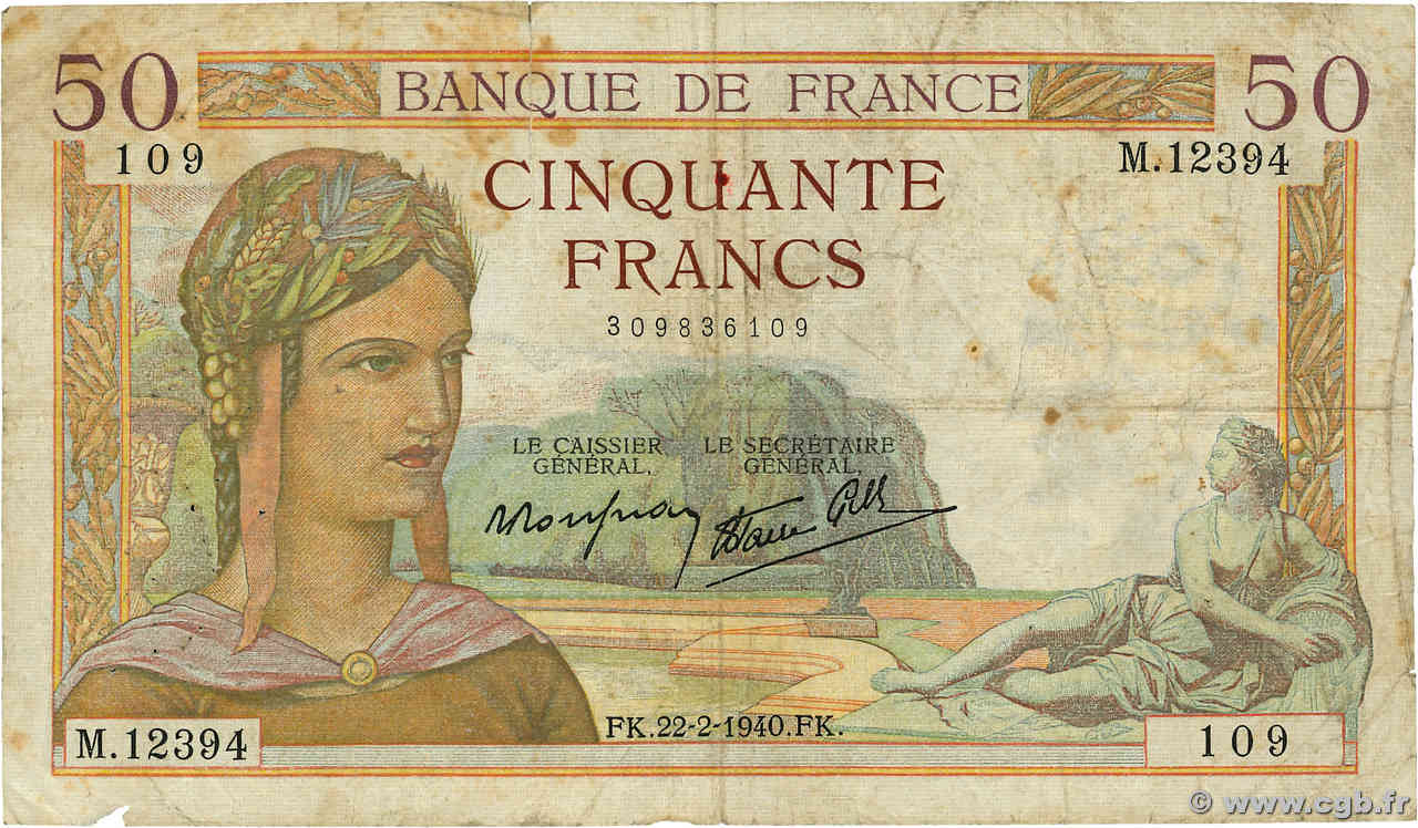 50 Francs CÉRÈS modifié FRANCE  1940 F.18.39 B