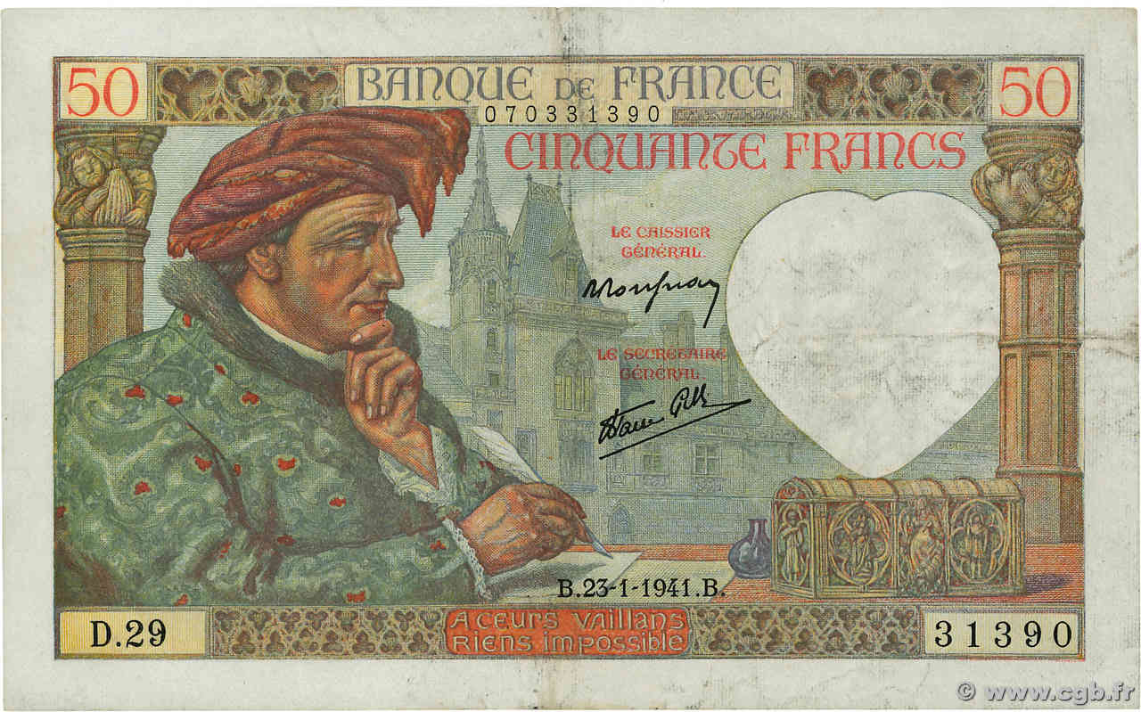 50 Francs JACQUES CŒUR FRANCE  1941 F.19.05 TTB+