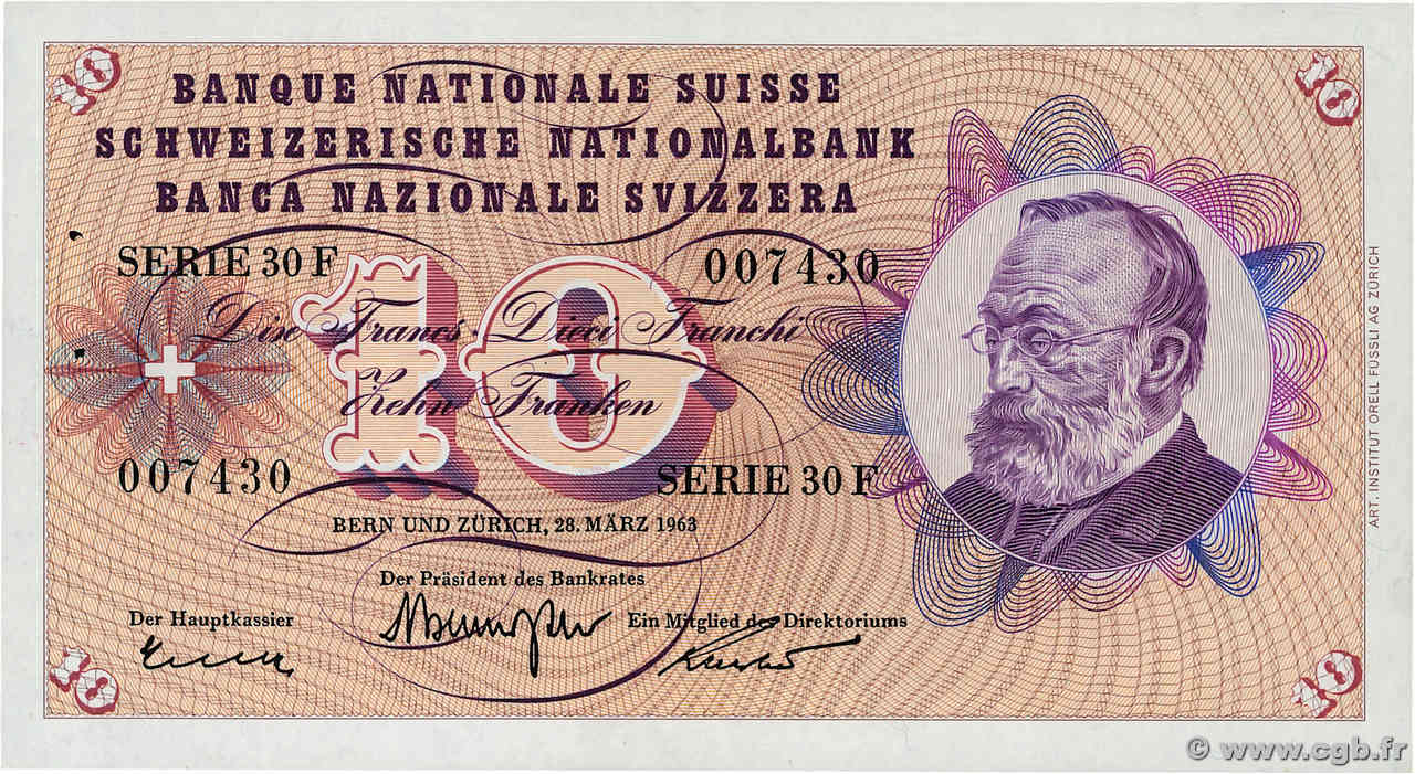 10 Francs SUISSE  1963 P.45h SPL