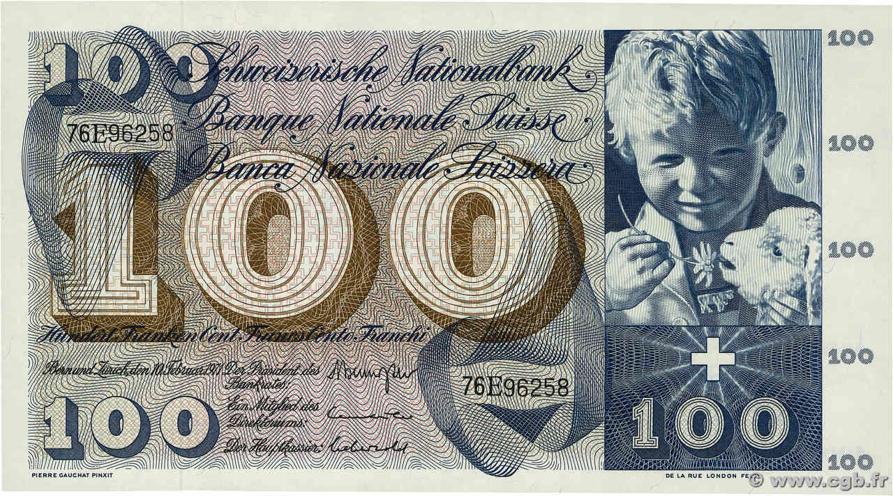 100 Francs SWITZERLAND  1971 P.49m UNC-