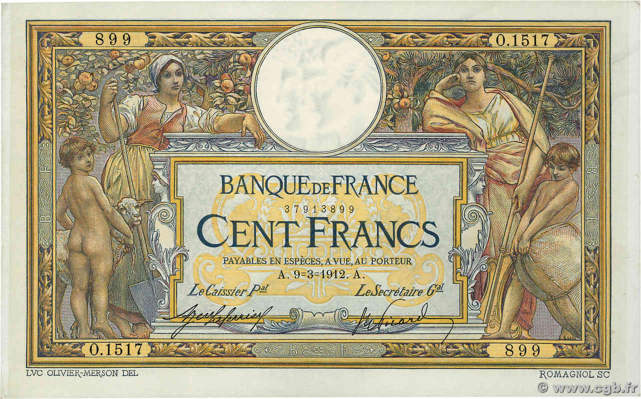 100 Francs LUC OLIVIER MERSON sans LOM FRANKREICH  1912 F.23.04 fVZ