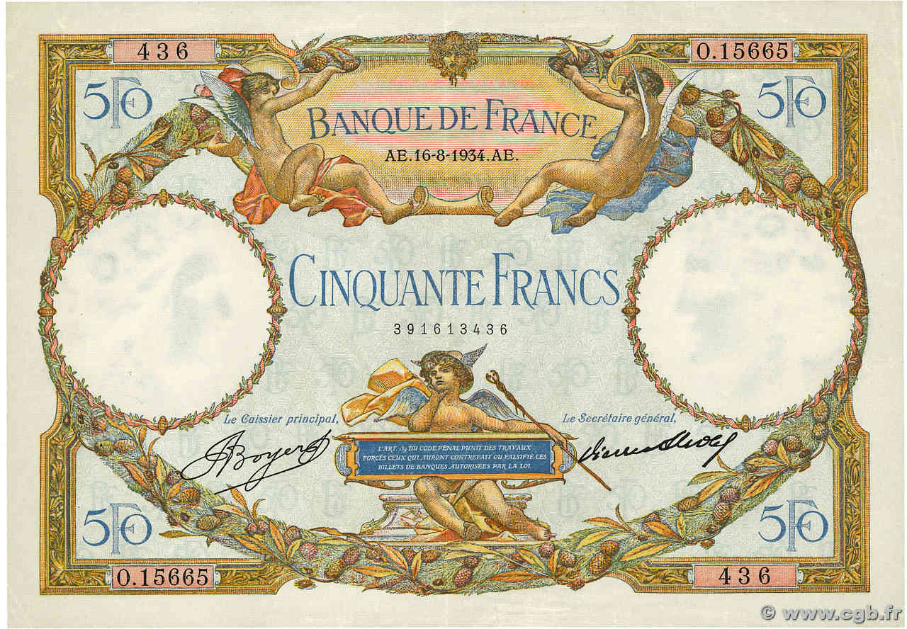 50 Francs LUC OLIVIER MERSON type modifié FRANKREICH  1934 F.16.05 fVZ