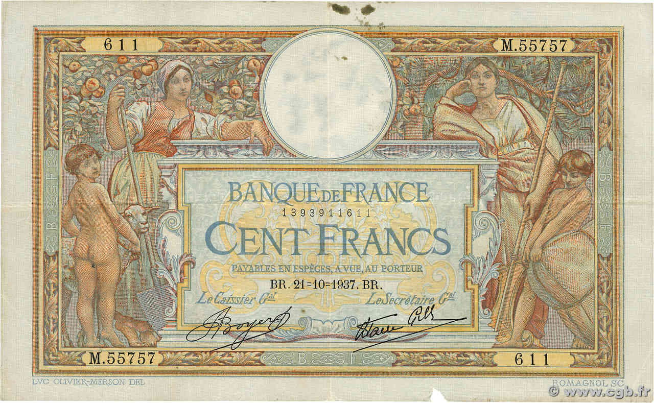 100 Francs LUC OLIVIER MERSON type modifié FRANCE  1937 F.25.03 TB+