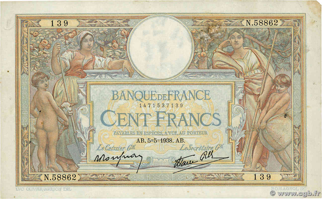 100 Francs LUC OLIVIER MERSON type modifié FRANCE  1938 F.25.17 TTB