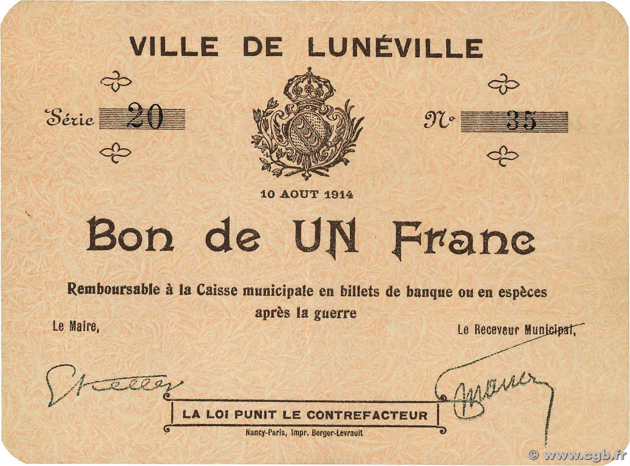 1 Francs FRANCE régionalisme et divers Lunéville 1914 JP.54-075 SUP+