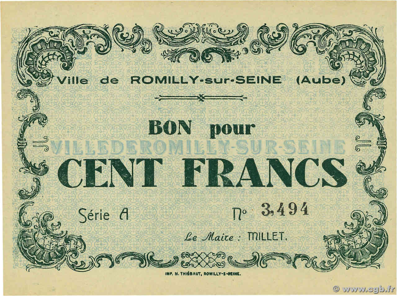 100 Francs FRANCE régionalisme et divers Romilly-sur-seine 1940 BU.80.01 NEUF