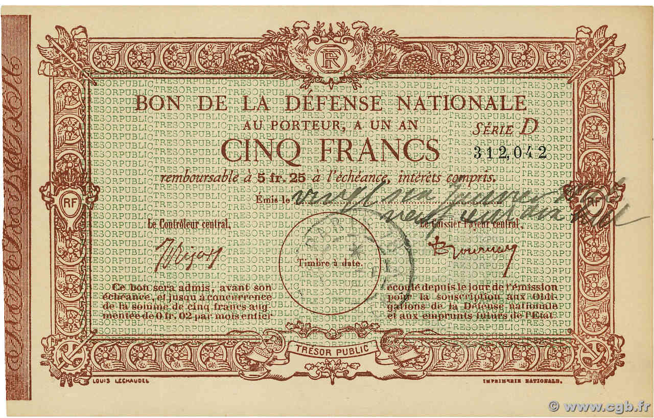 5 Francs FRANCE régionalisme et divers  1915 P.- pr.NEUF