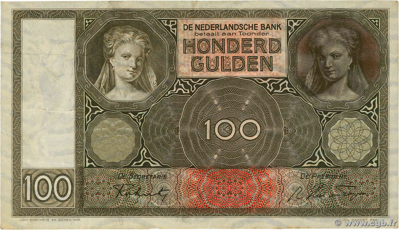 100 Gulden NETHERLANDS  1942 P.051 VF-