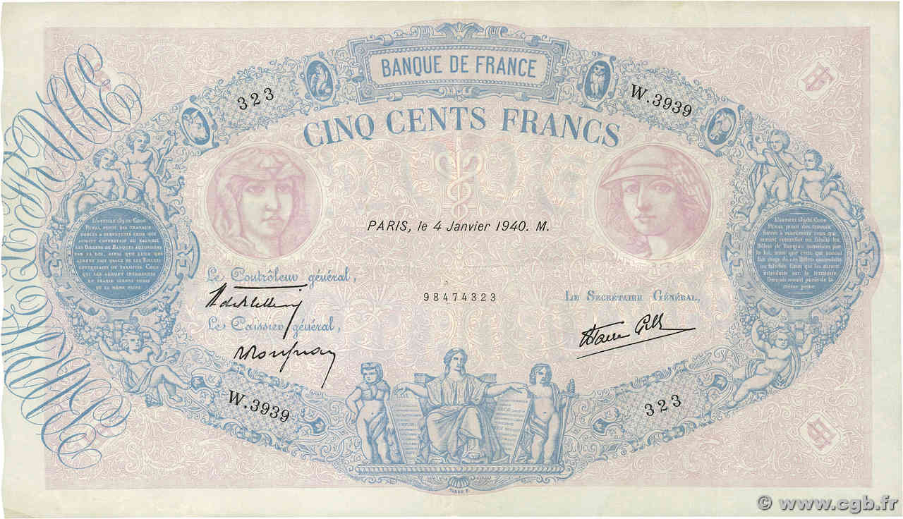 500 Francs BLEU ET ROSE modifié FRANCE  1940 F.31.55 VF