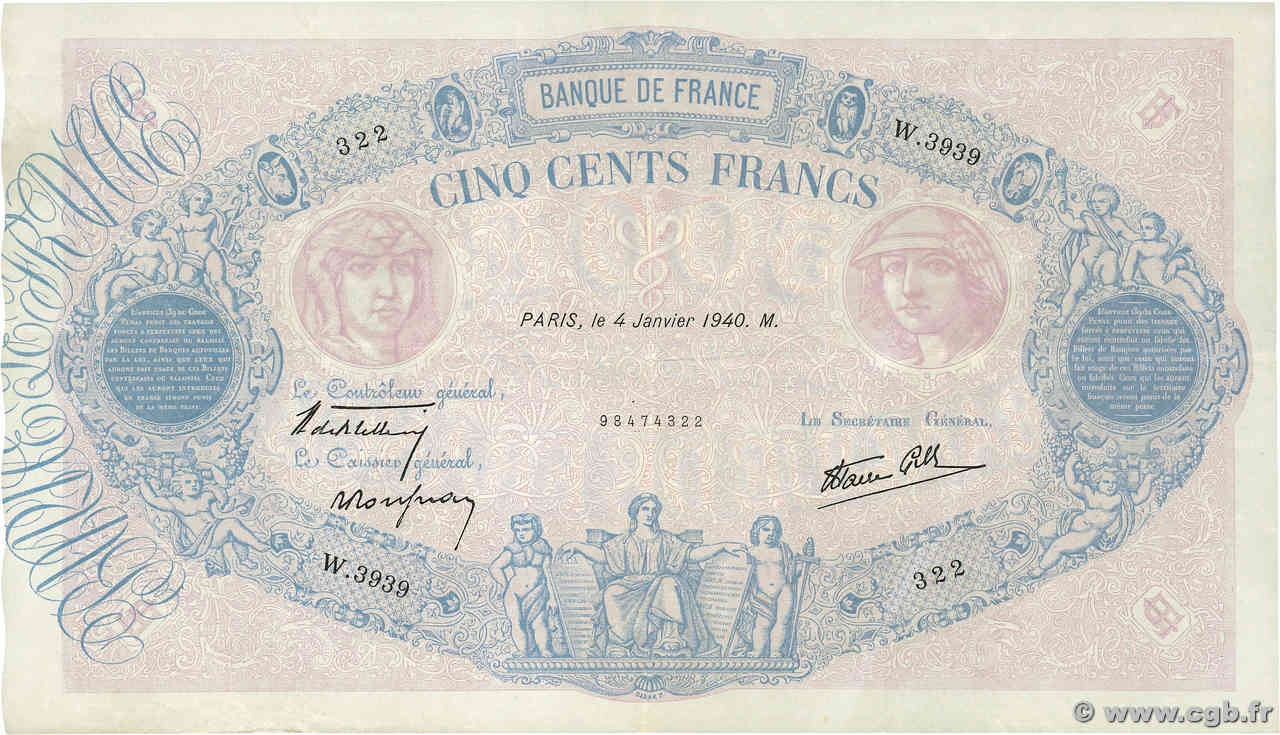 500 Francs BLEU ET ROSE modifié FRANCE  1940 F.31.55 TTB+