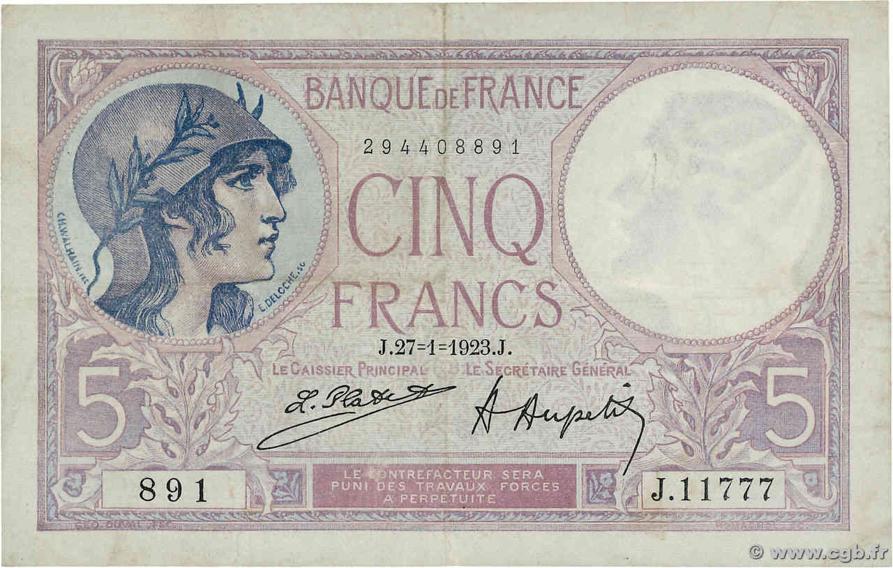 5 Francs FEMME CASQUÉE FRANKREICH  1923 F.03.07 SS