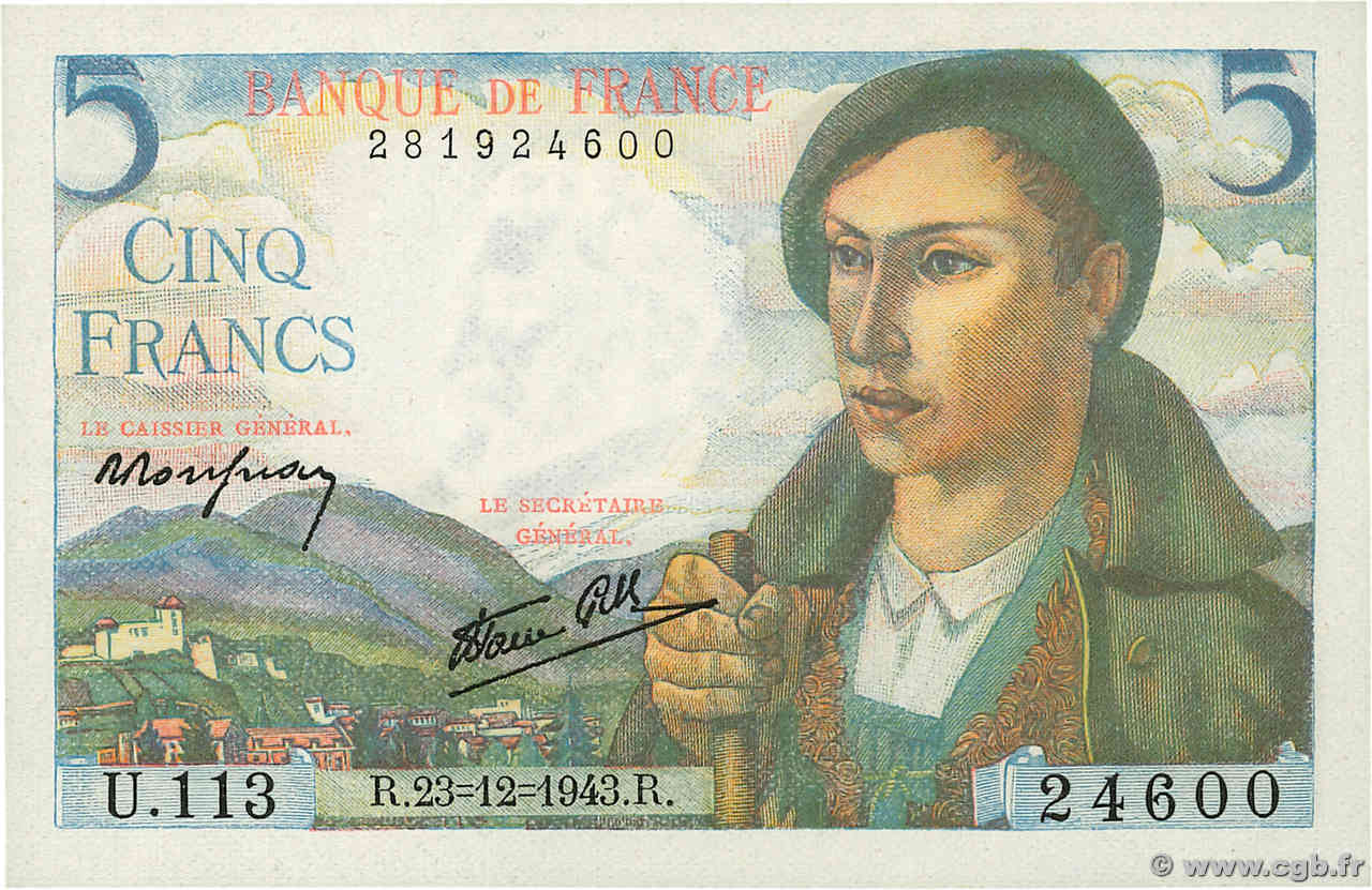 5 Francs BERGER FRANCE  1943 F.05.05 UNC