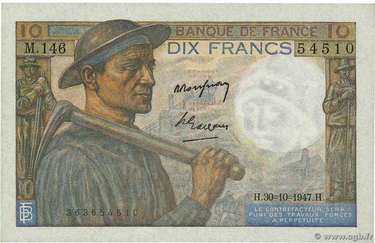 10 Francs MINEUR FRANCIA  1947 F.08.18 q.FDC