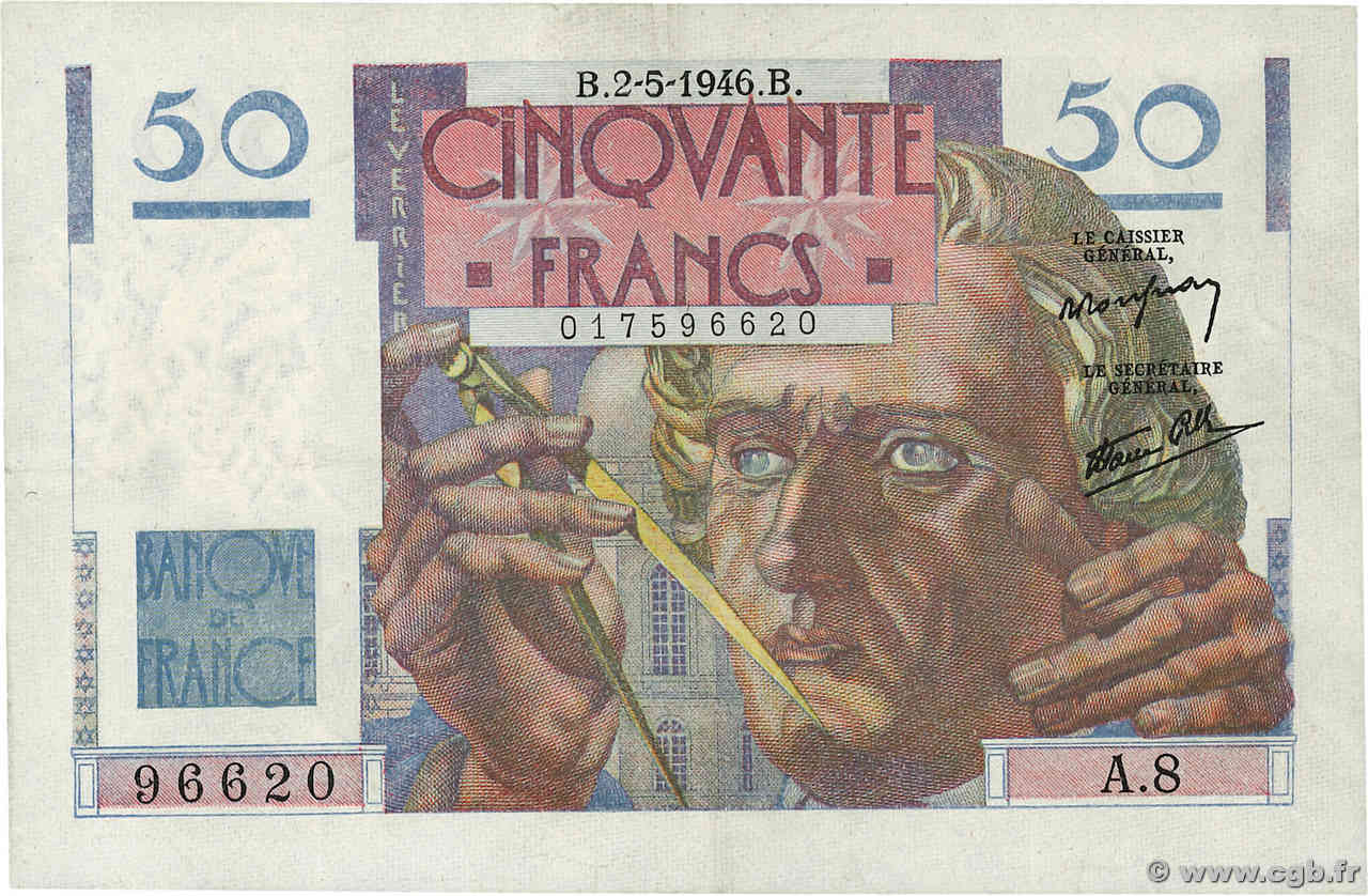 50 Francs LE VERRIER FRANKREICH  1946 F.20.03 fVZ