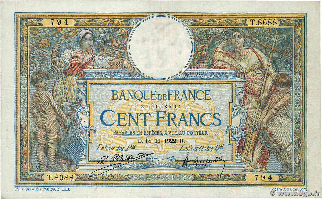 100 Francs LUC OLIVIER MERSON sans LOM FRANCIA  1922 F.23.15 q.BB