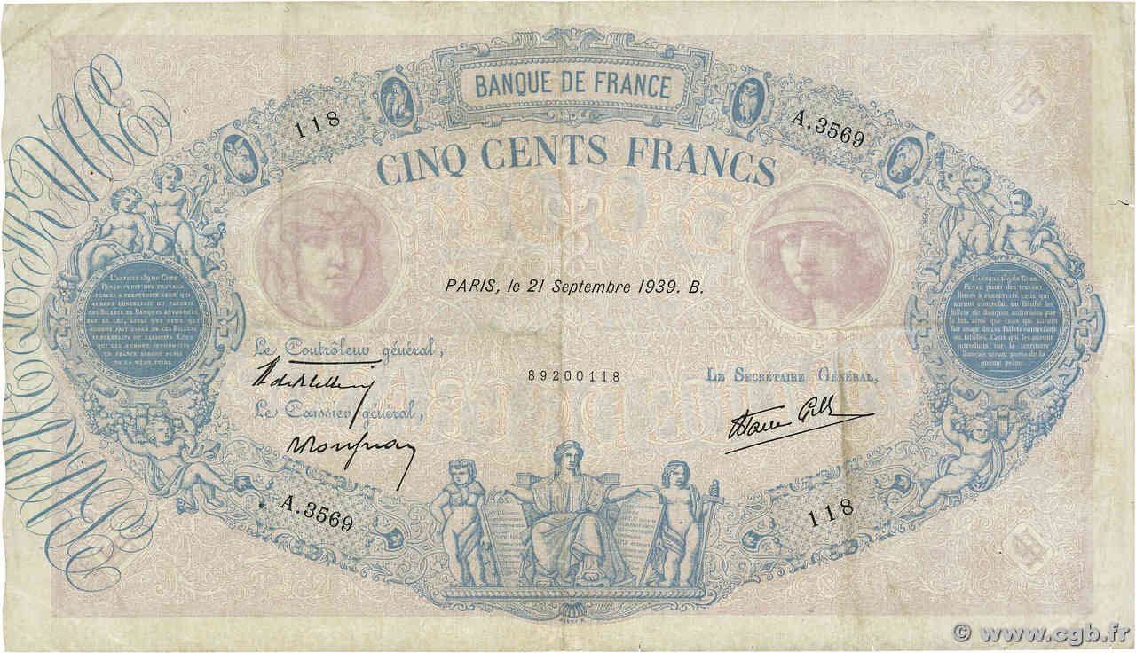 500 Francs BLEU ET ROSE modifié FRANCE  1939 F.31.40 pr.TTB