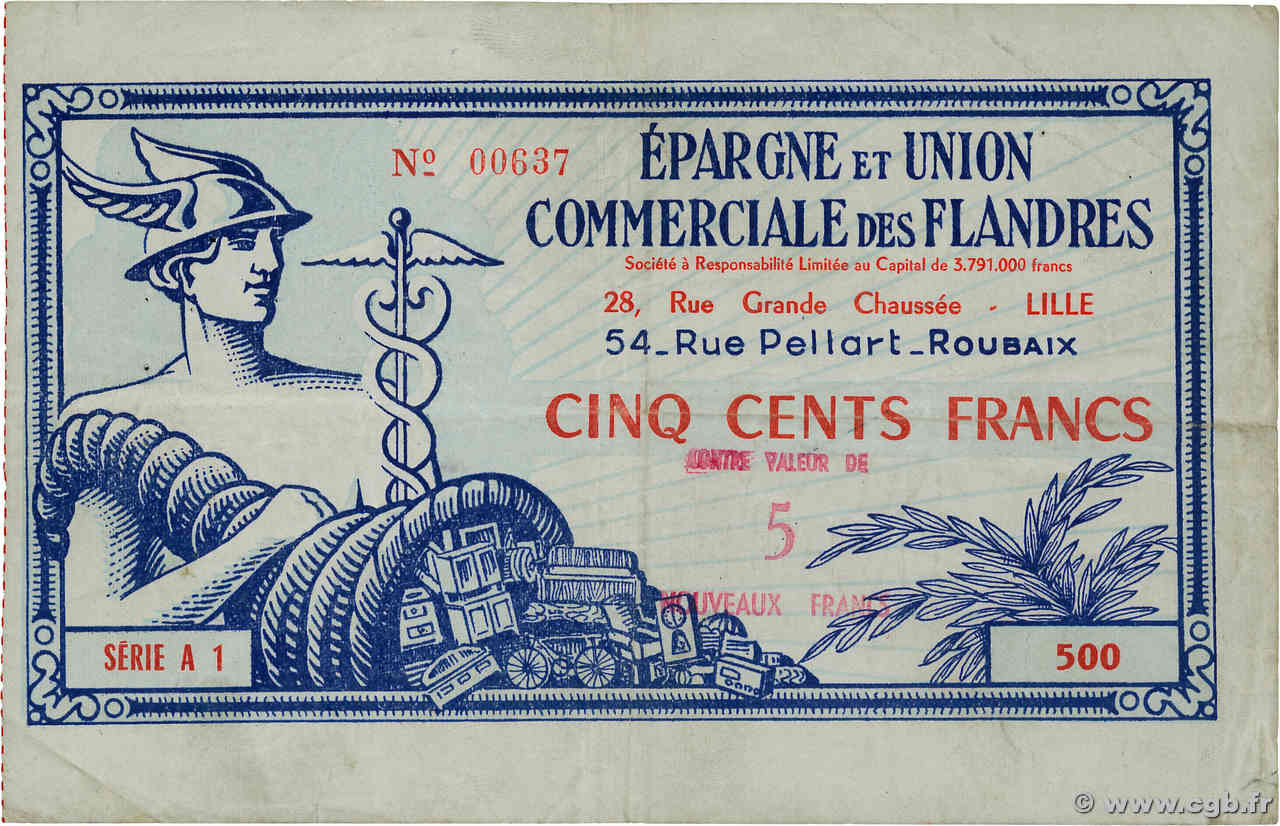 5 NF sur 500 Francs FRANCE régionalisme et divers Lille 1959 P.- TB+