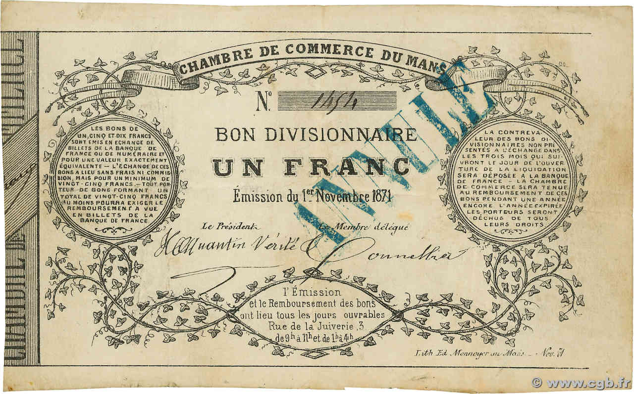 1 Franc Annulé FRANCE régionalisme et divers Mans 1871 JER.72.02 TTB