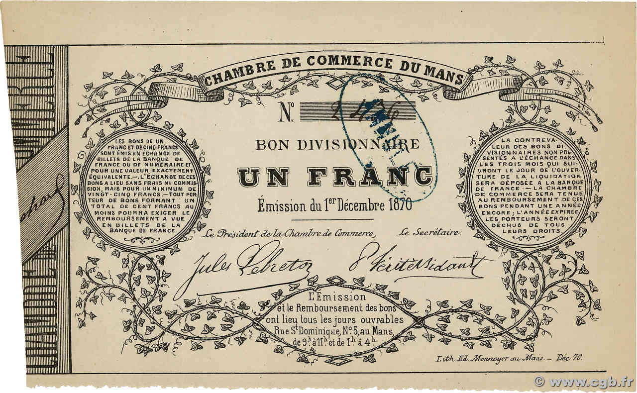 1 Franc Annulé FRANCE régionalisme et divers Mans 1870 BPM.099.01 SPL