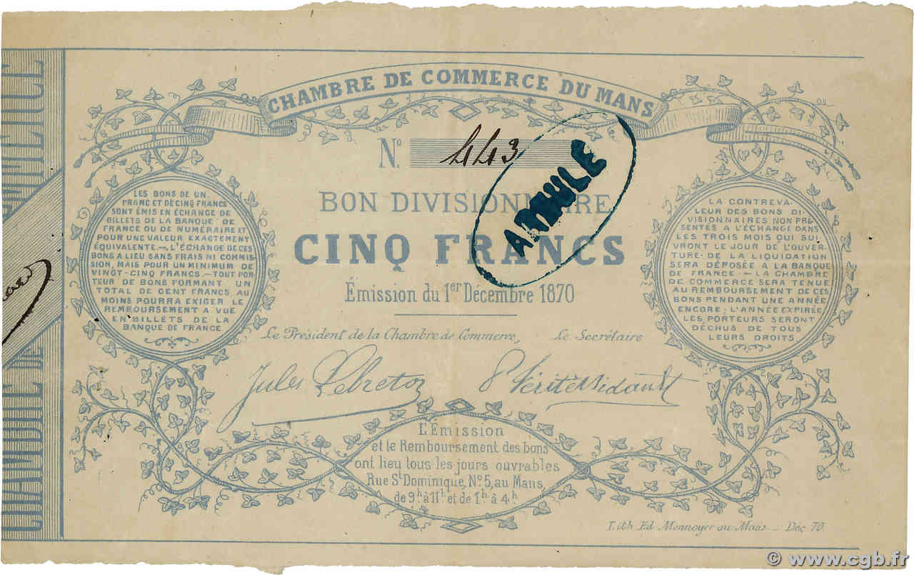 5 Francs Annulé FRANCE régionalisme et divers Mans 1870 JER.72.01 TTB