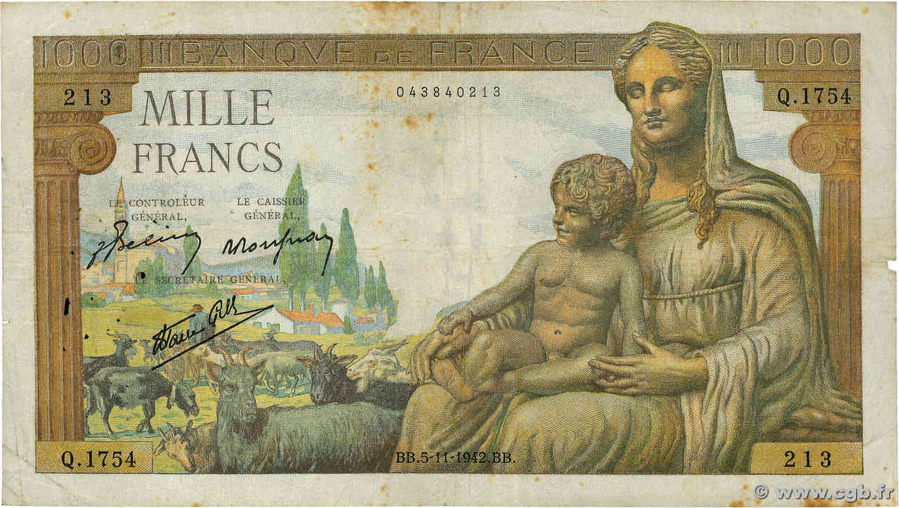 1000 Francs DÉESSE DÉMÉTER FRANCE  1942 F.40.10 B+