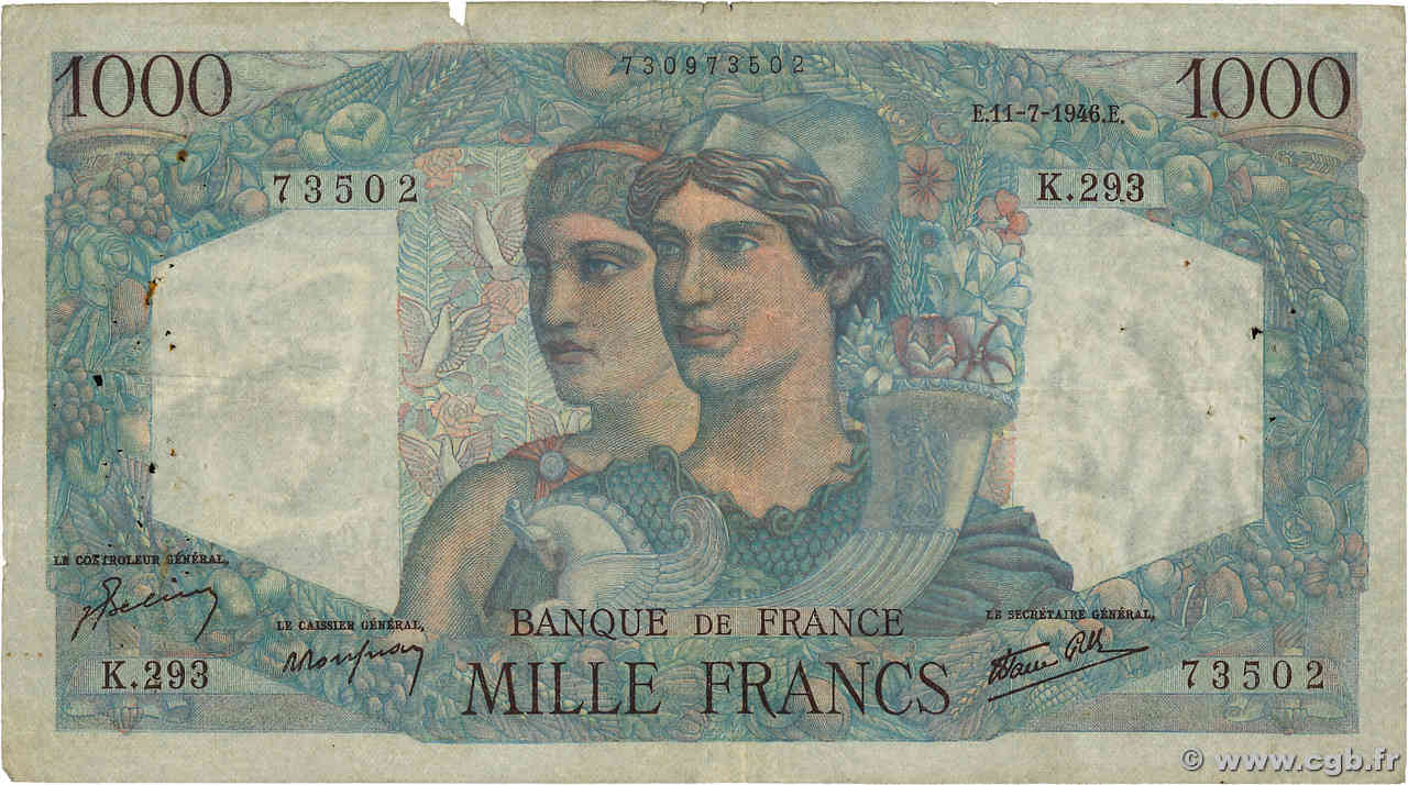 1000 Francs MINERVE ET HERCULE FRANCE  1946 F.41.15 G