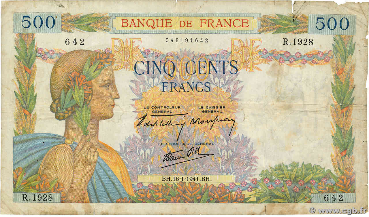 500 Francs LA PAIX FRANCE  1941 F.32.13 TB