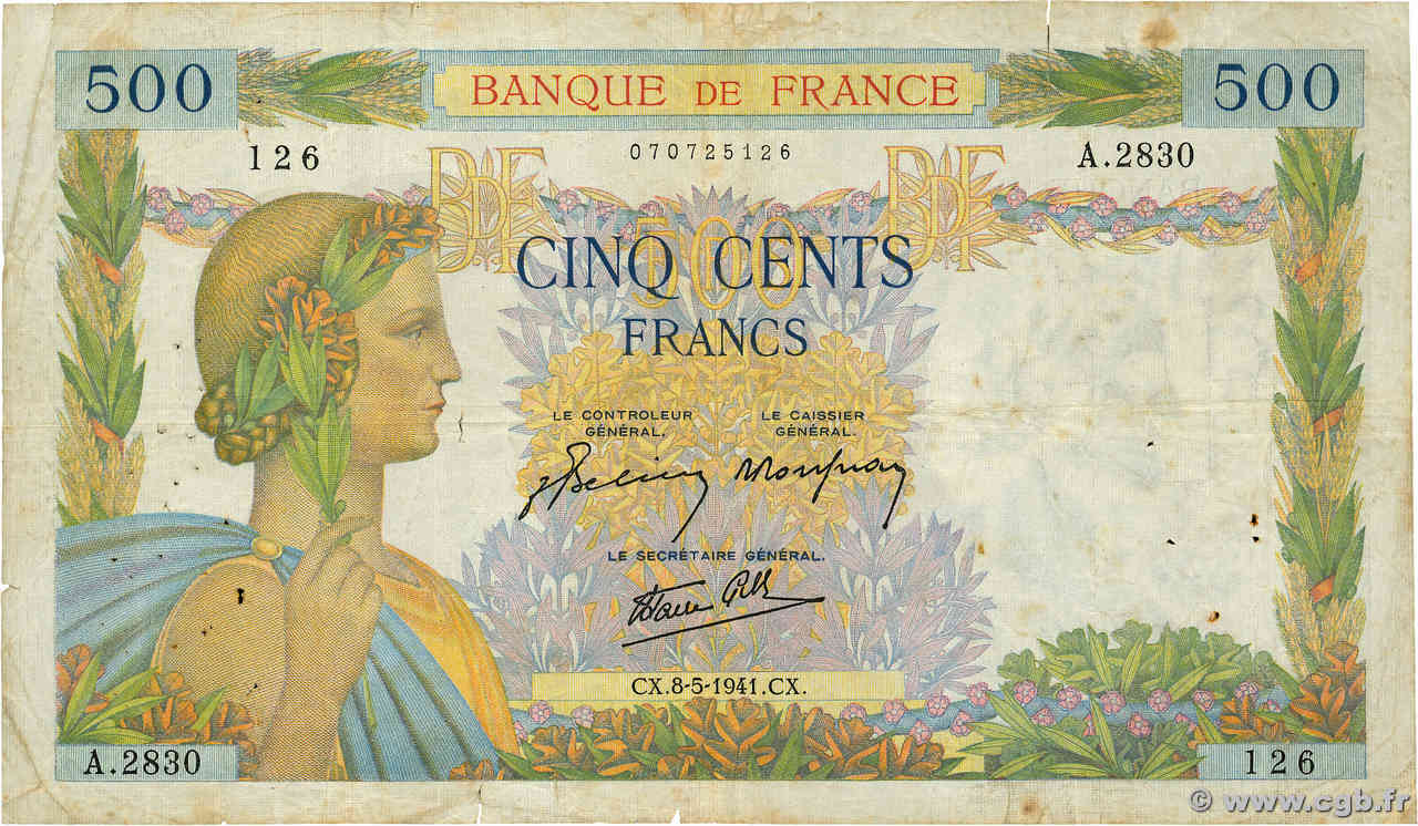 500 Francs LA PAIX FRANCE  1941 F.32.16 TB