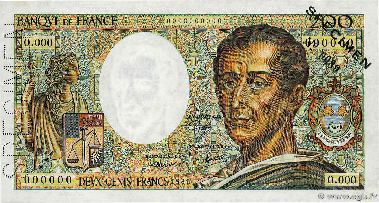 200 Francs MONTESQUIEU Spécimen FRANCE  1981 F.70.01Spn SPL