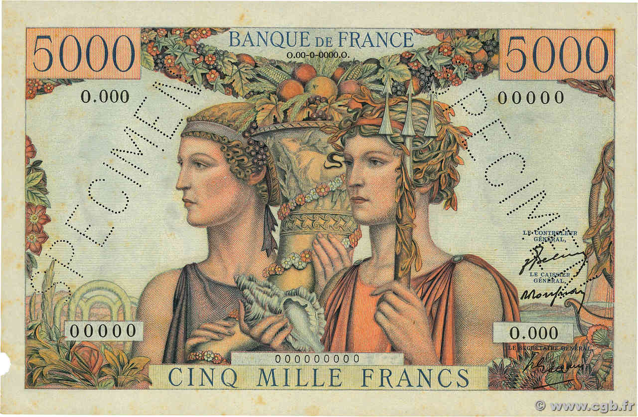 5000 Francs TERRE ET MER Spécimen FRANCE  1949 F.48.01Sp XF+