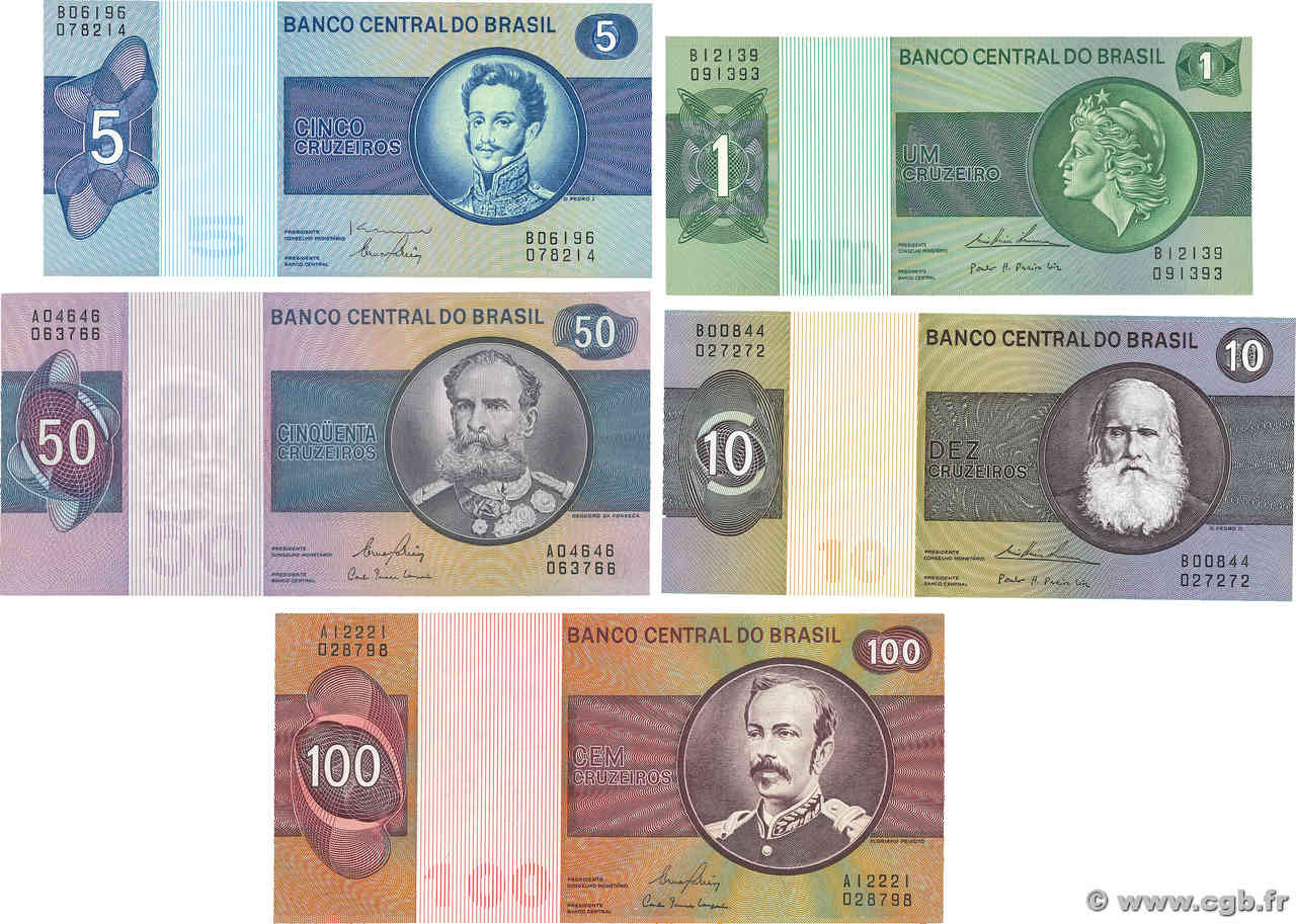 1 à 100 Cruzeiro Lot BRÉSIL  1970 P.191Ac, P.193c P.194c et P.195Ab NEUF