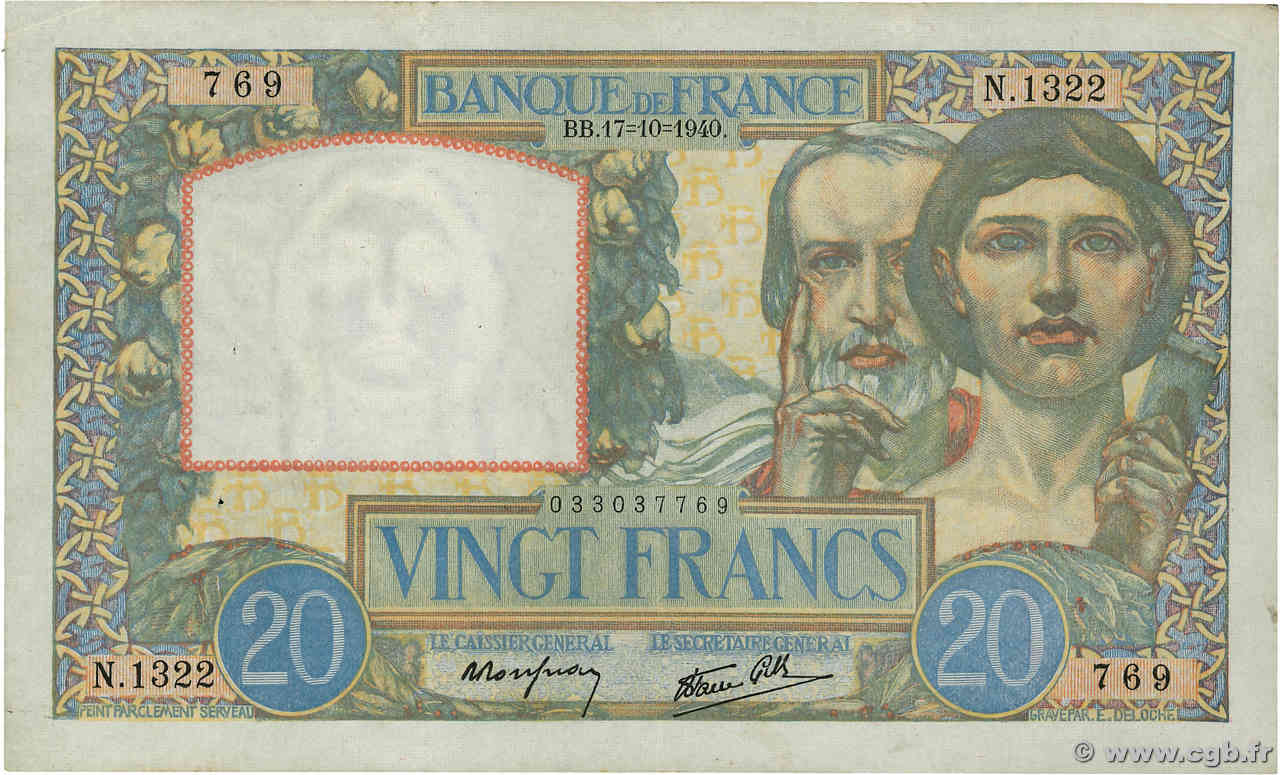 20 Francs TRAVAIL ET SCIENCE FRANKREICH  1940 F.12.09 SS