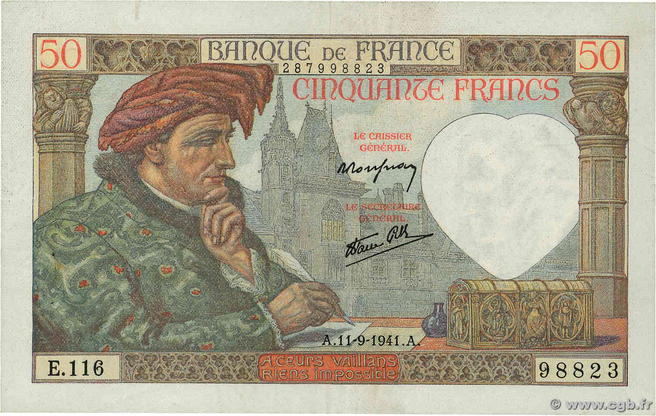 50 Francs JACQUES CŒUR FRANCE  1941 F.19.14 TTB+