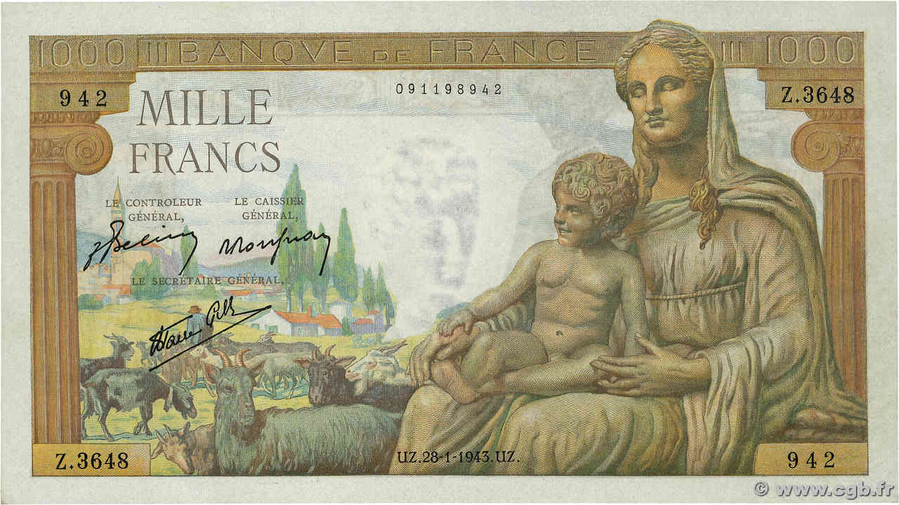 1000 Francs DÉESSE DÉMÉTER FRANCE  1943 F.40.17 pr.NEUF