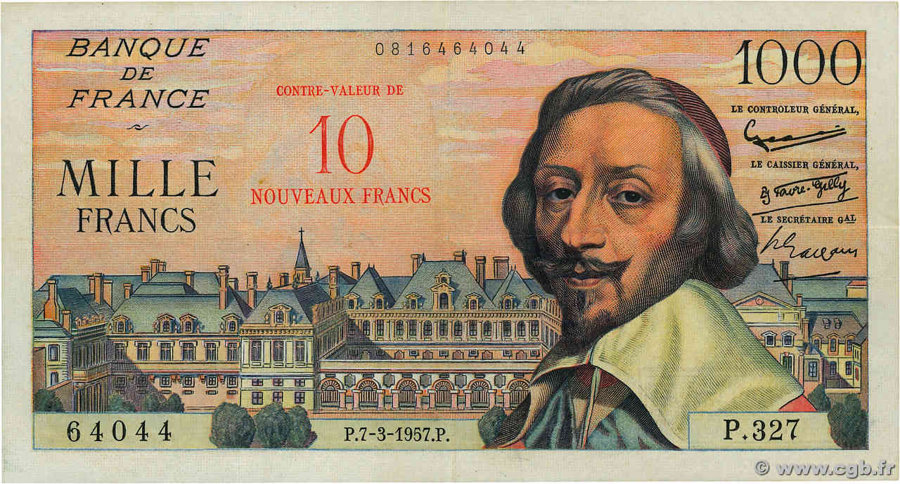 10 NF sur 1000 Francs RICHELIEU FRANCE  1957 F.53.01 VF