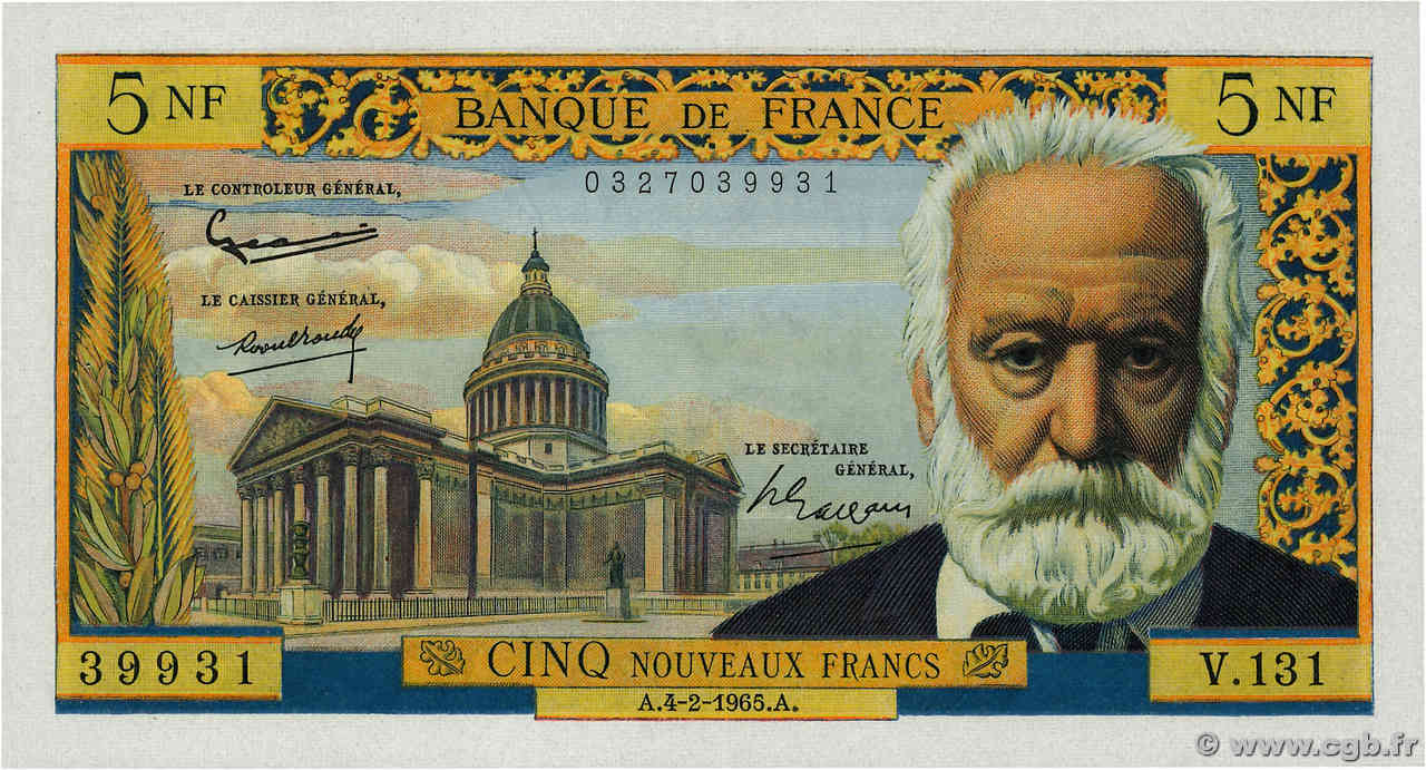 5 Nouveaux Francs VICTOR HUGO FRANKREICH  1965 F.56.17 VZ+