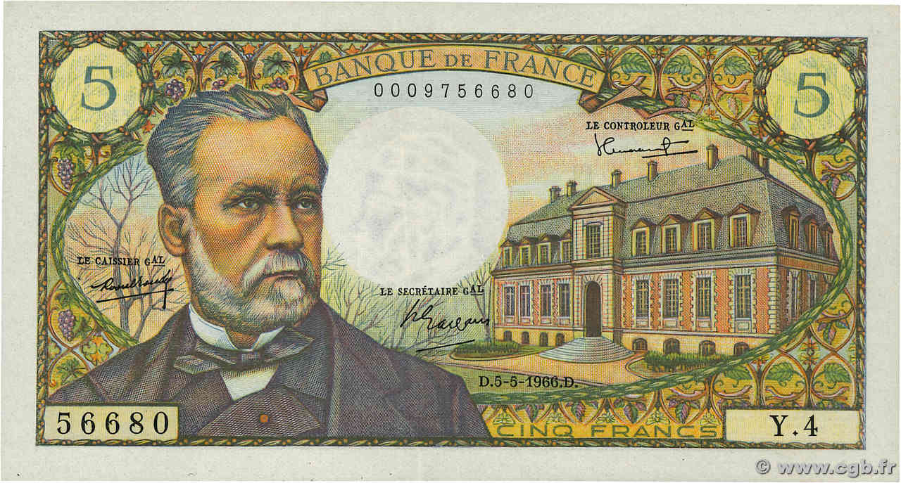 5 Francs PASTEUR FRANCE  1966 F.61.01 XF