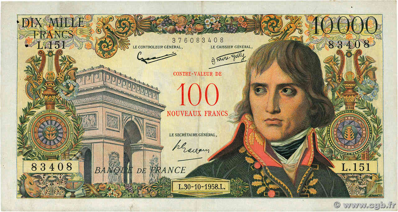 100 NF sur 10000 Francs BONAPARTE FRANCIA  1958 F.55.01 BB