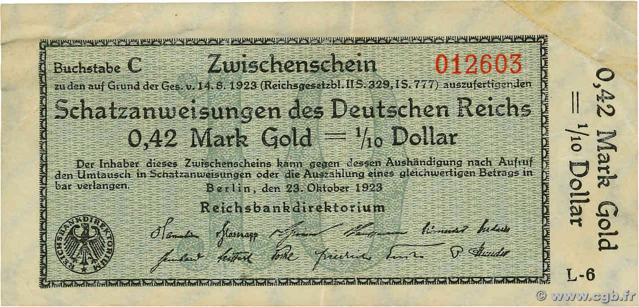 0,42 Goldmark = 1/10 Dollar ALLEMAGNE  1923 P.148 TTB