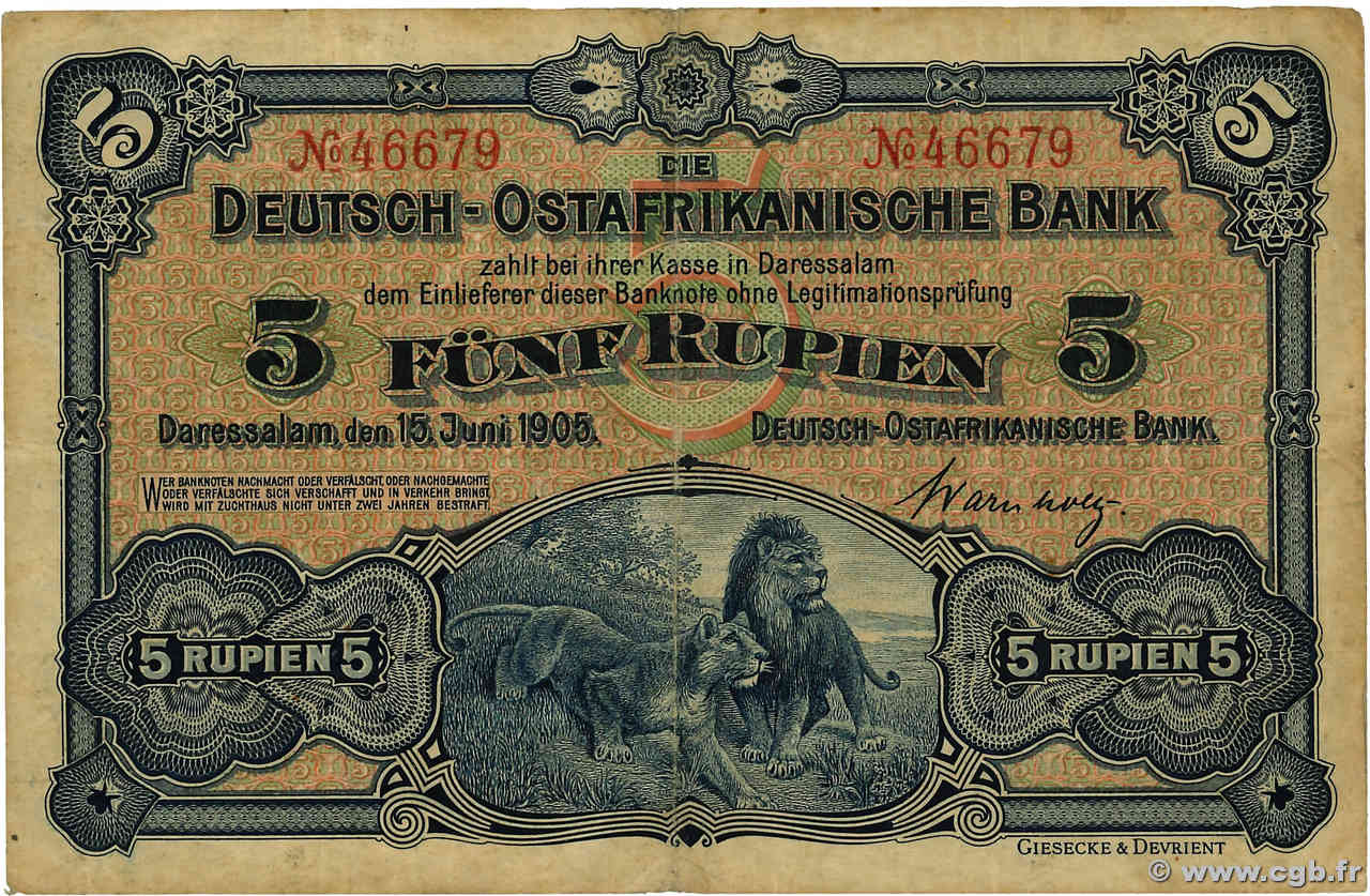 5 Rupien AFRIQUE DE L EST occ. ALLEMANDE  1905 P.01 TB