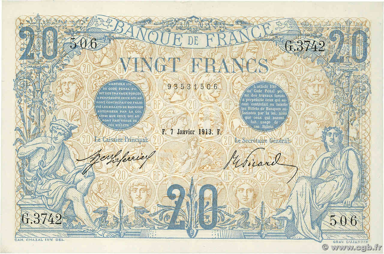 20 Francs BLEU FRANCE  1913 F.10.03 AU