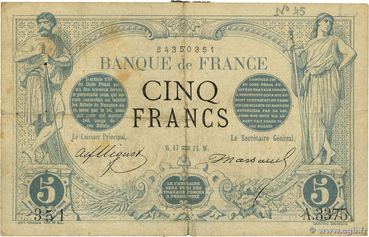 5 Francs NOIR FRANCE  1874 F.01.25 pr.TB