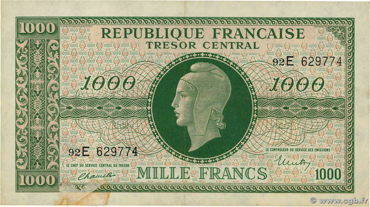 1000 Francs MARIANNE THOMAS DE LA RUE FRANKREICH  1945 VF.13.02 fVZ