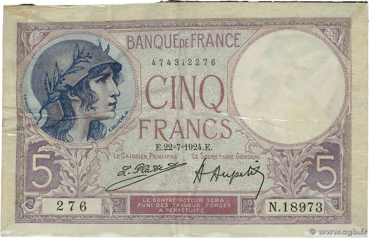 5 Francs FEMME CASQUÉE Publicitaire FRANCE  1924 F.03.08 TTB